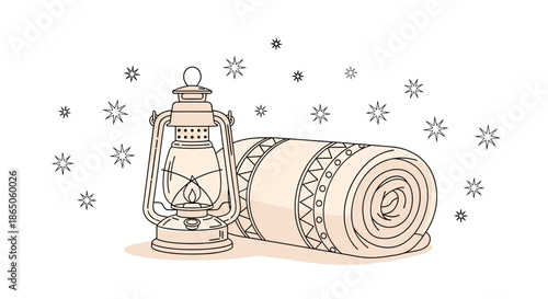 Cozy camping scene featuring a classic oil lantern glowing beside a rolled patterned blanket under a canopy of twinkling stars at night.