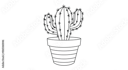 Simple black and white line drawing of a saguaro-style cactus growing in a striped ceramic pot, perfect for minimalist botanical decoration.