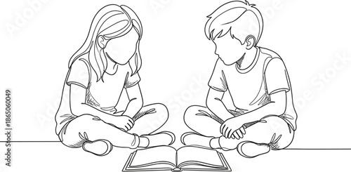 Continuous line drawing of a young boy and girl sitting on the floor reading an open book together for education
