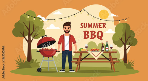 Summer BBQ Celebration Man Grilling with Food and Drinks.