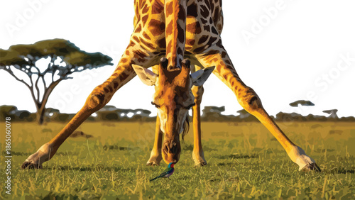 Striking low angle close up captures a curious giraffe cautiously bending down in the African savanna to interact with a vividly colored small bird on the sunlit green grass.