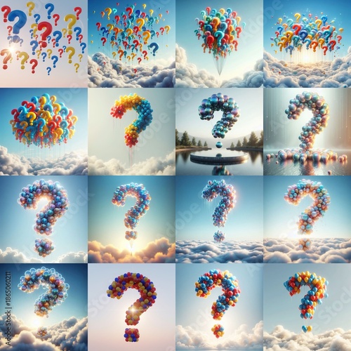  background set compilation balloons floating question mark sky clouds illustration education