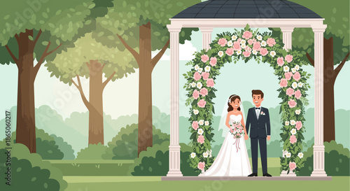 Wedding Ceremony Bride and Groom Under Floral Archway in Garden Setting.