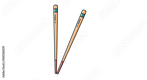 Pair of traditional wooden chopsticks with colored bands and tips shown as a clean vector graphic for Asian cuisine concepts.