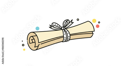 Ancient paper scroll tied with a polka dot ribbon and surrounded by colorful floating circles for graduation or certificate themes.