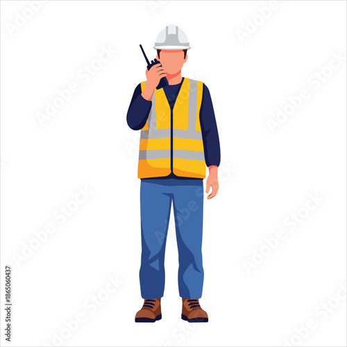 Construction Worker in Safety Gear Communicating on Walkie-Talkie