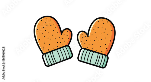 Pair of warm orange knitted winter mittens with light blue cuffs and a textured pattern for cold weather clothing concepts.