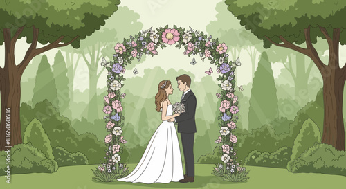 Elegant Wedding Ceremony Bride and Groom Under Floral Archway.