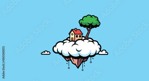 Whimsical house and green tree sitting on a fluffy white cloud island floating in a blue sky for fantasy and dream concepts.
