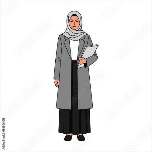Illustration of a Muslim woman in professional attire holding documents