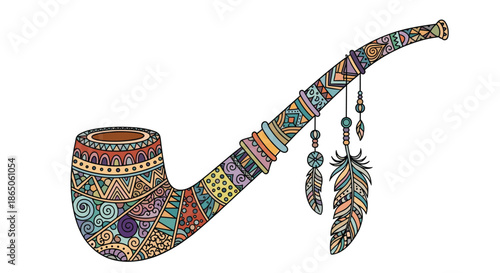 Decorative smoking pipe adorned with intricate patterns and hanging feathers in a colorful bohemian or tribal art style.