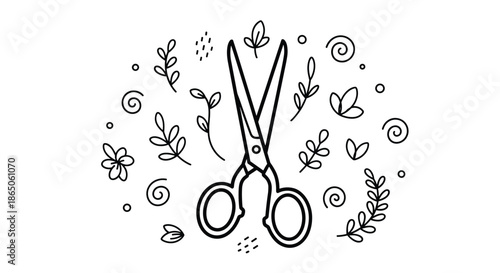 Pair of sharp metal scissors surrounded by whimsical floral doodles and swirls in a clean black and white line art pattern.