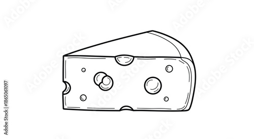Sliced wedge of Swiss cheese with characteristic holes illustrated as a clean black and white line art for food related designs.