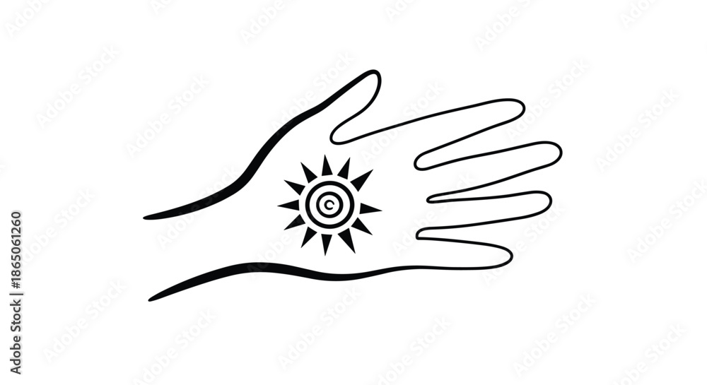 Obraz premium Spiritual line art illustration of a human hand with a radiant sun or eye symbol placed in the center of the palm.