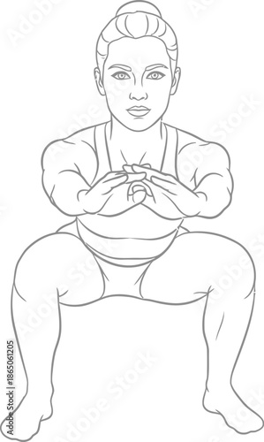Muscular woman performing a sumo squat exercise demonstrating proper form for a strong lower body workout illustration perfect for fitness guides and strength training routines