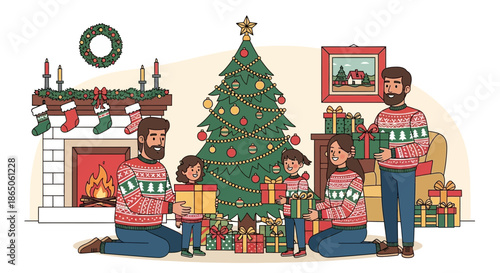 Festive Family Gathering Around Christmas Tree with Gifts.