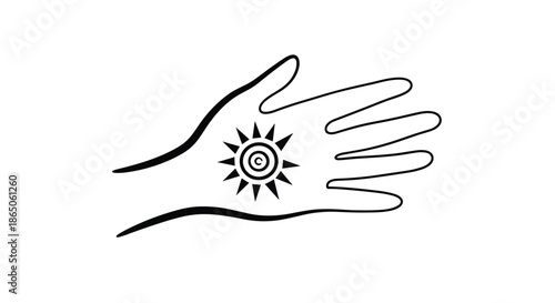 Spiritual line art illustration of a human hand with a radiant sun or eye symbol placed in the center of the palm.