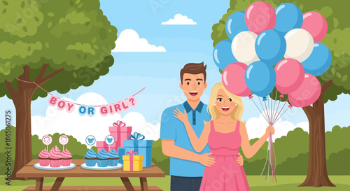 Gender Reveal Party Celebration with Expectant Couple and Decorations.