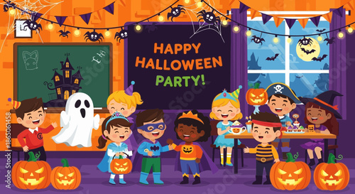 Halloween Party Celebration with Children in Costumes and Decorations.