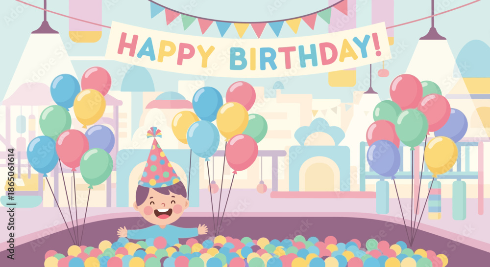 Naklejka premium Joyful Boy Celebrating Birthday in Ball Pit with Balloons.