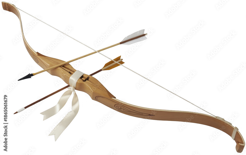 Obraz premium Wooden bow and arrows with white ribbon isolated on a transparent background