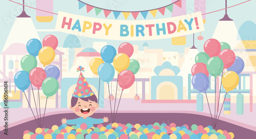 Joyful Boy Celebrating Birthday in Ball Pit with Balloons.
