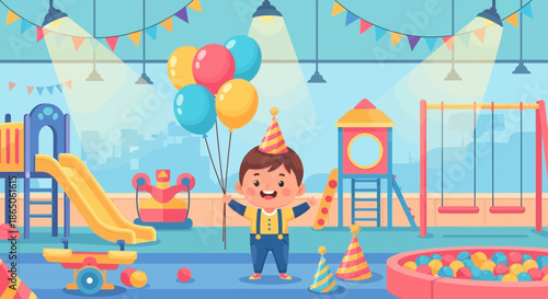 Joyful Boy Celebrates Birthday with Balloons and Party Hat in Playroom.
