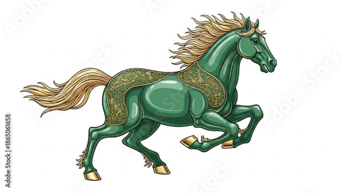 Majestic Green Jade Horse Running Illustration