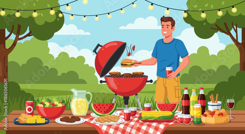 Man Grilling Burgers at a Backyard Barbecue Party.