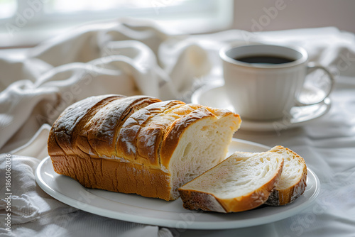 Fresh Sliced White Bread with Coffee on Soft Light Breakfast Table