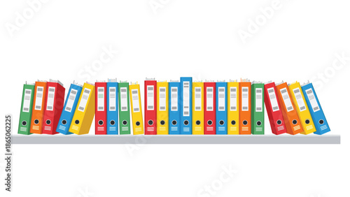 Colorful row of ring binders neatly organized on a shelf, symbolizing office organization, documentation, and efficient data management.