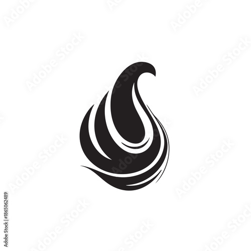Stylized black liquid drop design suggests motion and elegance on a white background