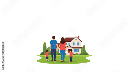 Happy family with two children walking hand-in-hand towards a beautiful suburban house with a green lawn, symbolizing home, family values, and real estate.