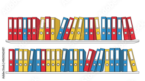 Two shelves filled with colorful ring binders, representing extensive office organization, archival, and efficient document management in a workplace.
