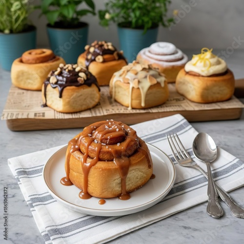Six Decorated Cinnamon Rolls: Tea Delicacy on Wooden Board