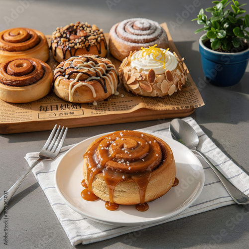 Six Decorated Cinnamon Rolls: Tea Delicacy on Wooden Board
