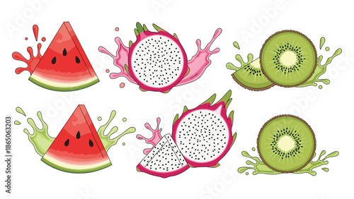 Collection of fresh fruit slices (watermelon, dragon fruit, kiwi) with vibrant splashes, symbolizing healthy eating, freshness, and delicious juices.
