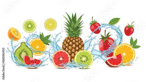 Assortment of fresh tropical fruits including pineapple, strawberries, and citrus, surrounded by refreshing water splashes, symbolizing healthy eating and vitality.