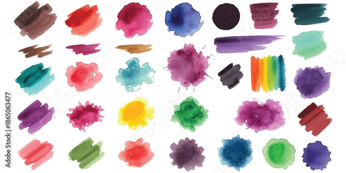 A vibrant collection of colorful watercolor brush strokes and paint splotches