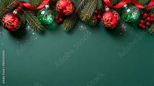 Christmas ornaments on green background