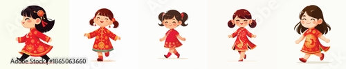 vector of little girl walking on Chinese New Year