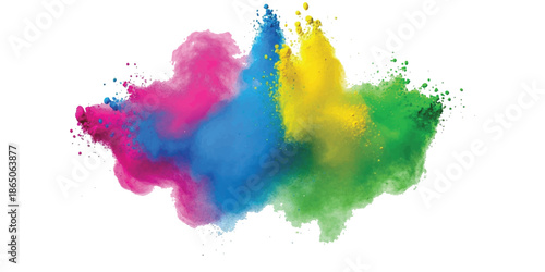 A vibrant explosion of colorful powder featuring pink, blue, yellow, and green hues on a white background