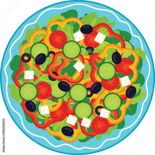 A flat vector illustration of a fresh Greek salad in a blue bowl