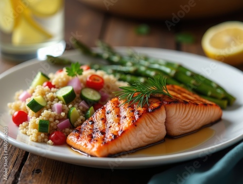 Grilled salmon with dill on couscous salad and green beans. Healthy Mediterranean meal with lemon on rustic table. Fresh seafood dinner plate with vegetables.