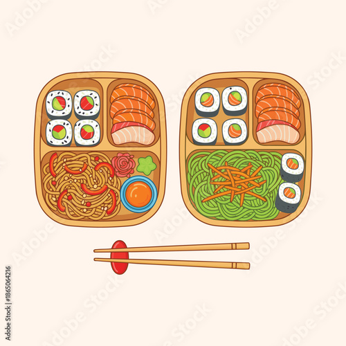 Japanese Bento Box Illustration with Sushi Sashimi and Noodles
