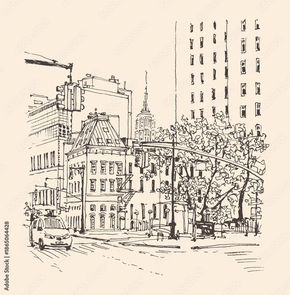 Obraz premium Architecture illustration. Travel sketch of West Village, New York, USA. Liner sketches architecture of the street and Empire State Building. Freehand drawing. Line art drawing with a pen on paper