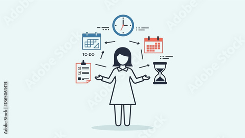 Woman managing time and tasks with various icons representing planning and scheduling.