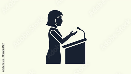 Silhouette of a woman speaking at a podium with a microphone, representing public speaking and presentation.