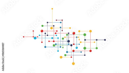 Abstract network of interconnected colorful dots and lines, representing data connection, communication, social networks, and technological advancement.