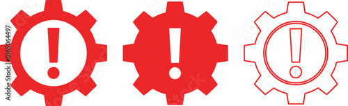 Red Gear Warning Icon Set with Exclamation Mark Solid and Outline Vector Illustration for System Alert and Settings Design